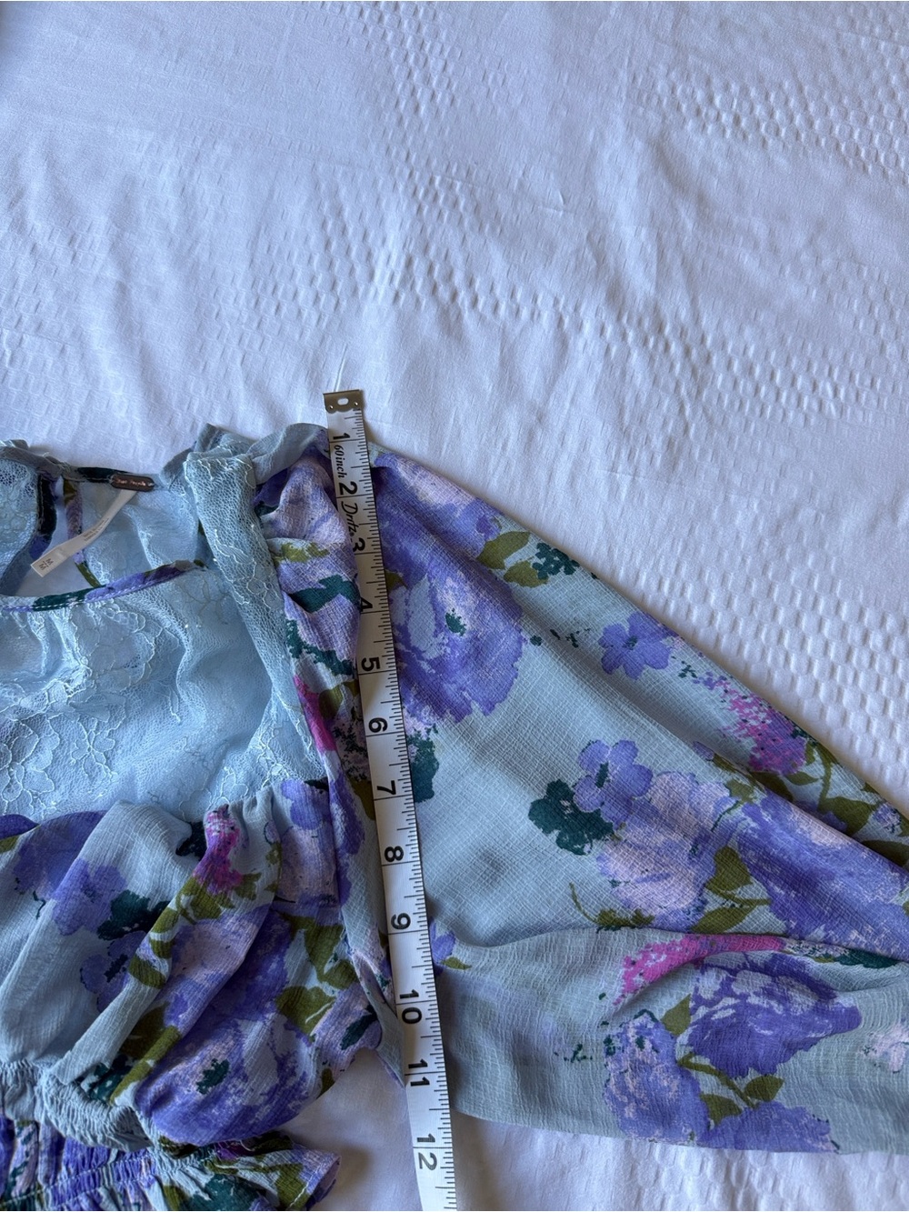 Free People Sheer Lace-Yoke Smocked Floral Blouse in Light Blue - Picture 9 of 11